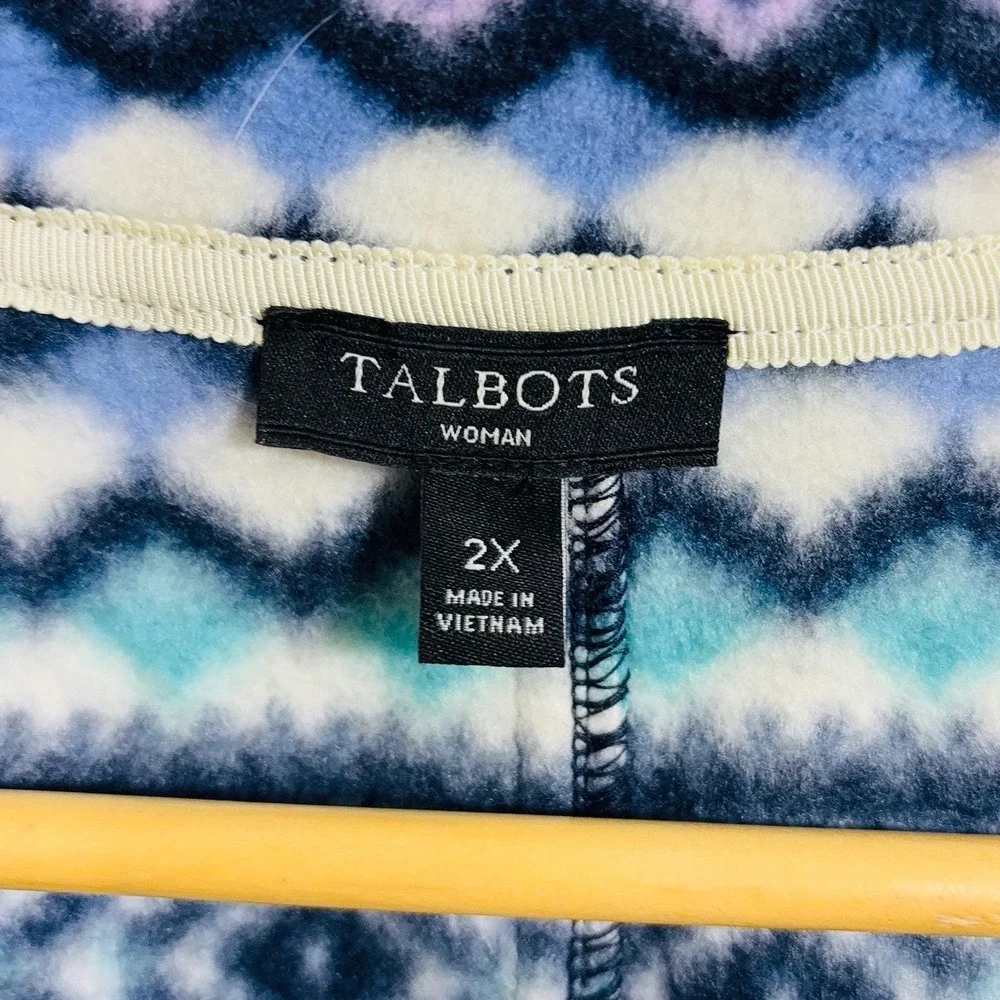 Talbots Fair Isle Aztec Blue Purple Print Fleece Zip‎ Up Jacket Side Pockets 2X